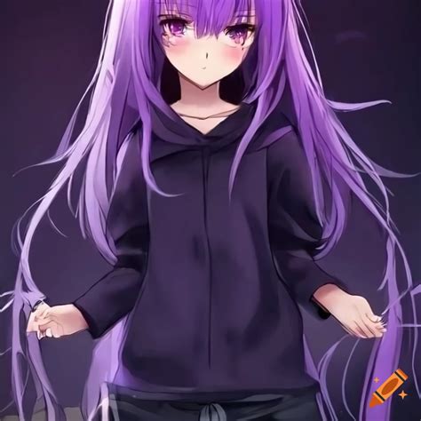 Purple-haired anime girl with a black hoodie and blue jeans