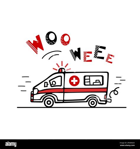 The ambulance is in a hurry to help Cute childrens illustration in Scandinavian style. Lettering ...