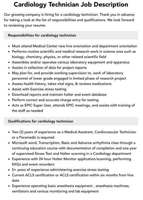 Cardiology Technician Job Description | Velvet Jobs