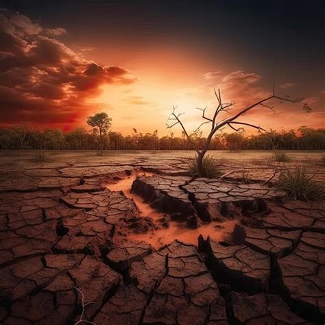 Premium AI Image | Dry land with dry tree at sunset concept of climate ...