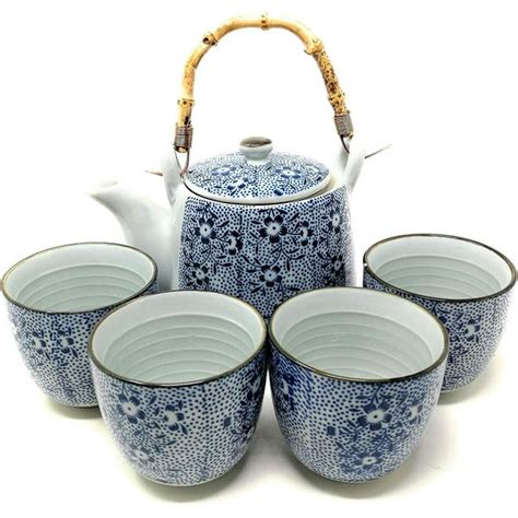 TJ Global Chinese Japanese Porcelain Tea Set with Blue Floral Design ...