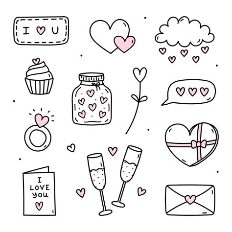 Cute set of doodles for Valentine's Day - glasses of champagne, love ...