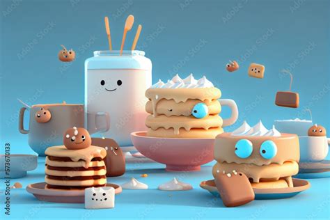 Cute Cartoon Biscuits and Gravy Characters 3D Illustration. Created with Generative AI ...