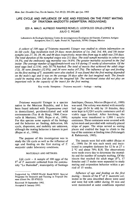 (PDF) Life cycle and influence of age and feeding on the first mating of Triatoma mazzottii ...