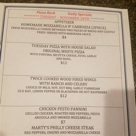 Menu at Pizza Rock pizzeria, Brandon