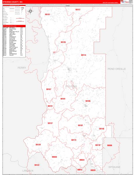 Stevens County, WA Zip Code Wall Map Red Line Style by MarketMAPS - MapSales