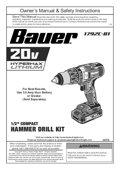 BAUER 1792C-B1 1/2 COMPACT HAMMER DRILL KIT Owner's Manual