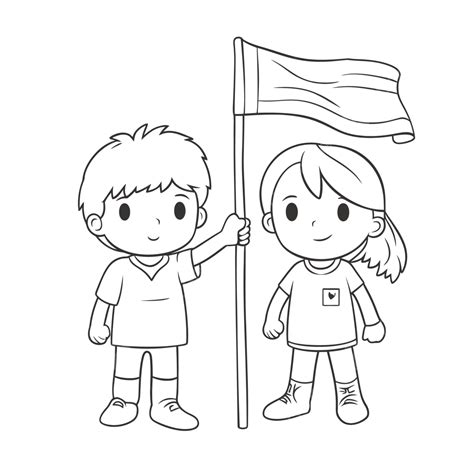 Two Children Holding A Flag Coloring Page Outline Sketch Drawing Vector, Laws Drawing, Laws ...