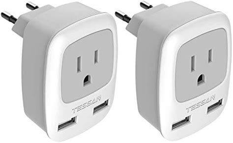 European Plug Adapter 2 Pack, TESSAN International Travel Power Outlet Adaptor with 2 USB, Type ...