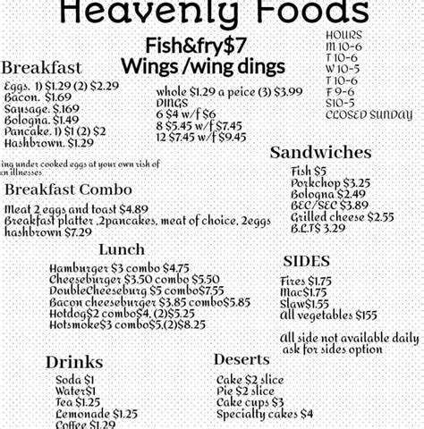 Menu at Heavenly Foods restaurant, Roanoke