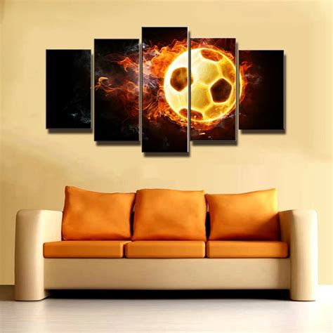 Soccer Poster Print Football Canvas Wall Art For Boys Room Burining Fire Football Art Painting ...