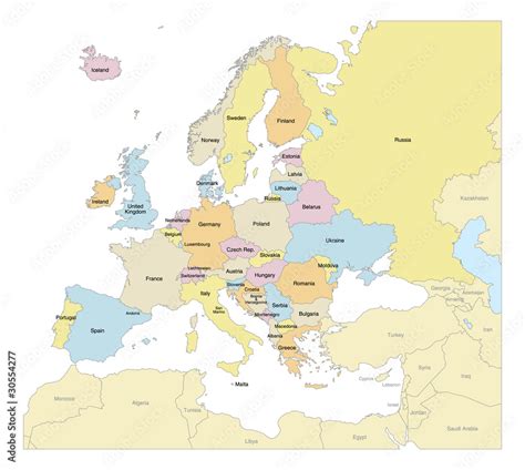 Europe Map with Countries & Labels Stock Vector | Adobe Stock