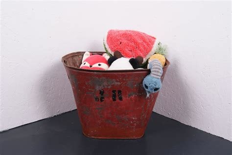 Children’s Red Metal Basket from Portugal | Blue Ticking