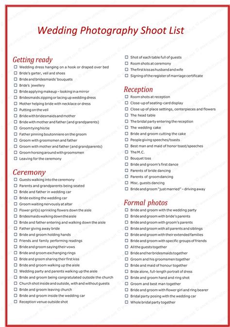 the wedding photography shoot list is shown in red and white, with words below it