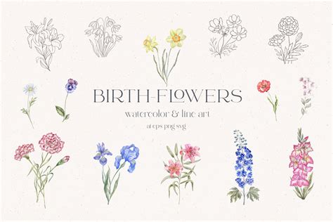 Birth Month Flowers Watercolor & Line Art Plants Wedding Crests - Design Cuts