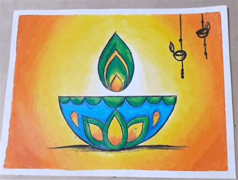 a painting of a lit candle on top of a blue and yellow bowl with water drops