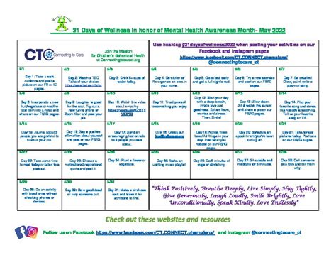 2022 Mental Health Awareness Month Calendar - 31 Days of Wellness - Plan 4 Children