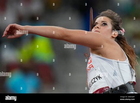 Maria Andrejczyk, of Poland, competes in the women's javelin throw ...