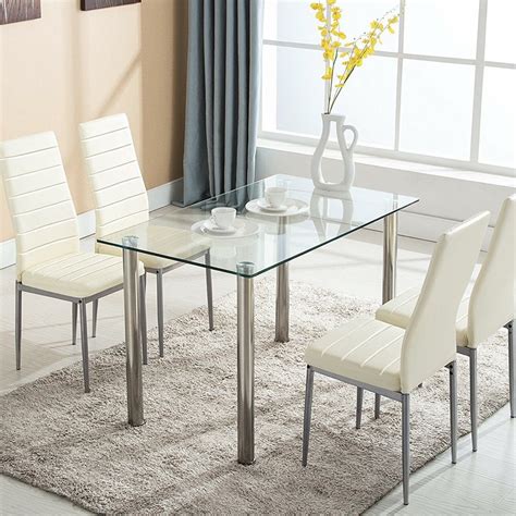 Ktaxon 5 Piece Dining Table Set Dining Table & 4 Leather Chairs,Glass Top Kitchen Dining Room ...