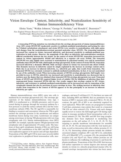 (PDF) Virion Envelope Content, Infectivity, and Neutralization Sensitivity of Simian ...