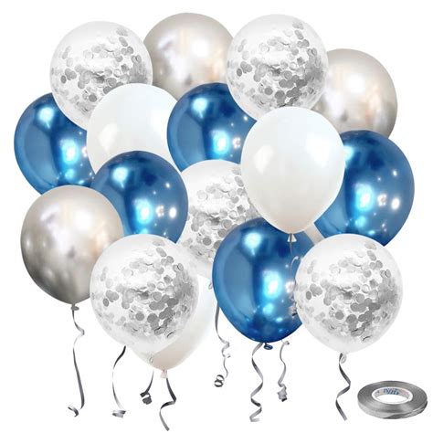 Buy Metallic Blue and Silver Confetti Latex Balloons, Nesus 50 pcs 12 inch White and Metallic ...