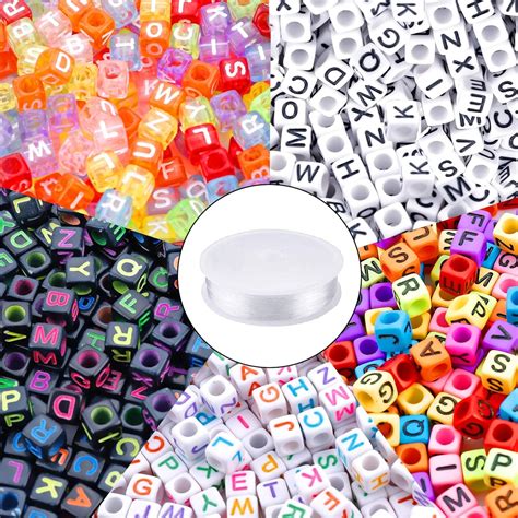 1400pcs 5 Color Acrylic Alphabet Cube Beads Letter Beads with 1 Roll 50M Crystal String Cord for ...