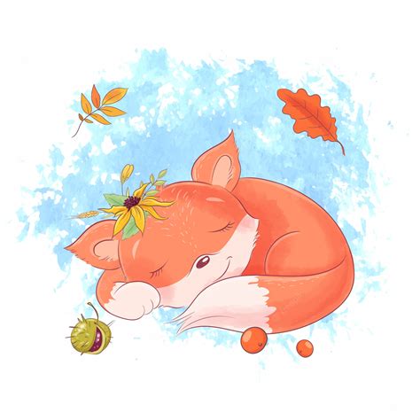 Premium Vector | Cute cartoon fox is sleeping, autumn, leaves.