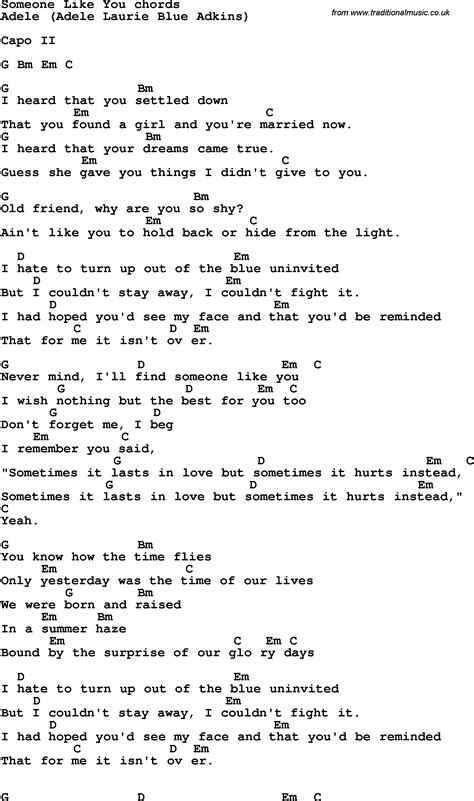 Song lyrics with guitar chords for Someone Like You