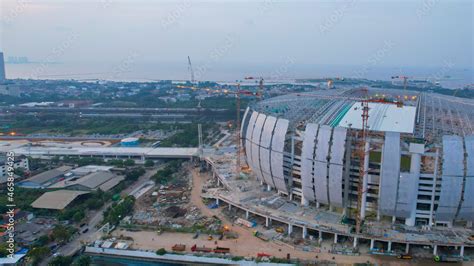 Aerial view of construction of new football stadium for upcomming Indonesia Team. Jakarta ...