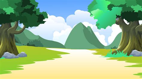 Green Hills Tree Path Grass Cartoon Background, Castle Peak, Green Tree, Small Road Background ...