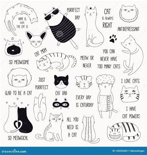 Cute Cat Doodles and Quotes Set Stock Vector - Illustration of kitten ...