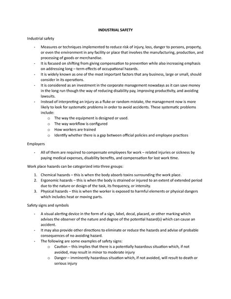 Industrial Safety - INDUSTRIAL SAFETY Industrial safety Measures or techniques implemented to ...