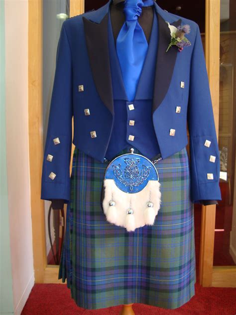 Classic Highlander Tartan Kilt with Stylish Blue Prince Charlie Jacket