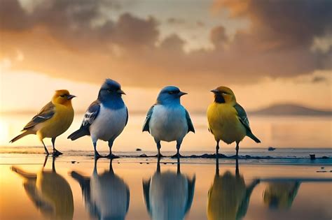 Premium AI Image | Birds standing on a beach with the sunset behind them