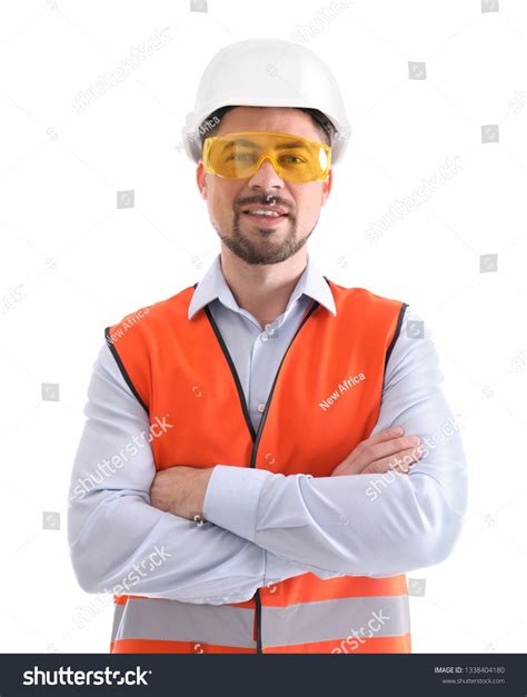 Male industrial engineer in uniform on white background. Safety ...