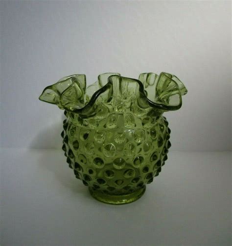 Vintage Fenton Olive GREEN GLASS HOBNAIL Ruffled Rose Bowl Squat Vase! Candy Roses, Royal Winton ...