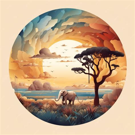 Premium Vector | A painting of an elephant and tree in front of a sunset