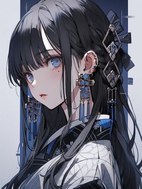 Premium Photo | Anime girl with long black hair and blue eyes with a pair of earrings generative ai