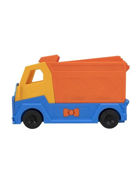 an orange and blue toy truck on a white background