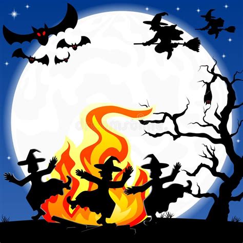 Witches Dancing Around Fire at Halloween Stock Vector - Illustration of midnight, creepy: 33829310