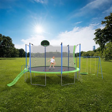 12FT Trampoline Outdoor with Slide and Swings for Kids Adults, Large Recreational Trampoline ...