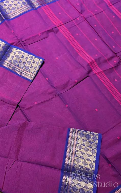 Shop purple kanchi cotton saree with navy blue border