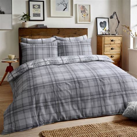 Brushed Cotton Reversible Flannel Duvet Quilt Cover Tartan Check Grey Super King Size 289263