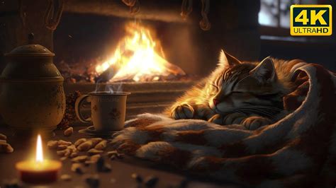 Relax with Purring Cat and Crackling Fireplace 4K 🔥 Sleep in Cozy ...