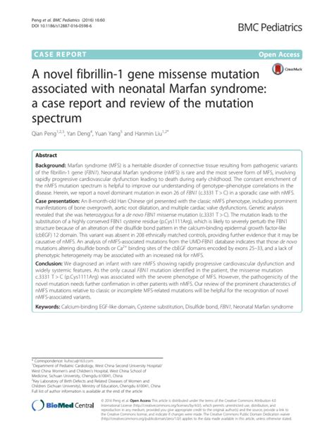 A novel fibrillin-1 gene missense mutation associated with neonatal ...