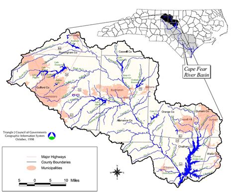 Map of the northern headwaters of the Cape Fear River Basin, showing... | Download Scientific ...