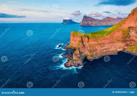 View from Flying Drone. Splendid Sunset on Kallur Lighthouse, Kalsoy Island Stock Photo - Image ...