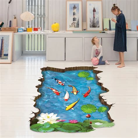 Large size Lotus pond Goldfish 3D Floor Stickers PVC Material Wall decals For Living room Kids ...