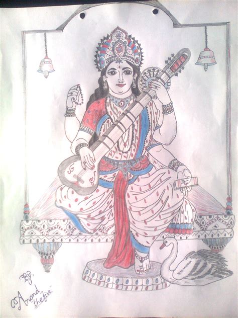 Ink Painting Of Saraswati Mata - Desi Painters