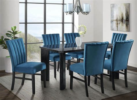 Bellini Rectangular Dining Room Set (Grey) w/ Navy Blue Velvet Chairs ...